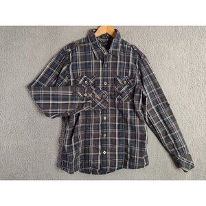 BKE Shirt Mens Large Western Plaid Button Up Black Gray Blue Long Roll Up Sleeve
